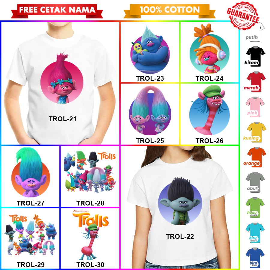 [FREE NAMA!!] Baju Kaos COUPLE  ANAK DAN DEWASA TROLL TROLLS BANYAK MOTIF