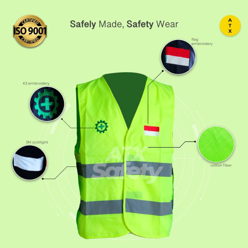 Rompi Safety Proyek Lapangan ATX Hijau Stabilo logo K3 dan Bendera Indonesia