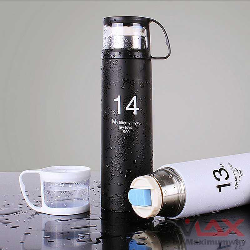 Botol Thermos termos One Two Cups Botol Minum Thermos with Cup Head 500ml - SUS304 Warna Hitam