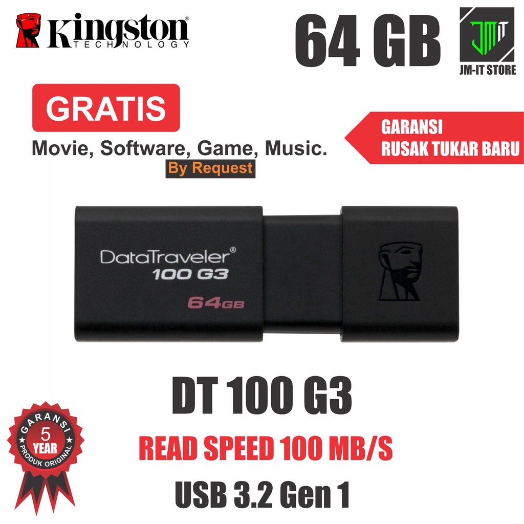 DT100G3 Flashdisk Kingston Original 100MBPS | Flashdisk Kingston DT100 G3 64GB Original | Plasdisk 64GB Original Kingston DT100G3 32/64/128 GB Garansi Resmi 5 Tahun