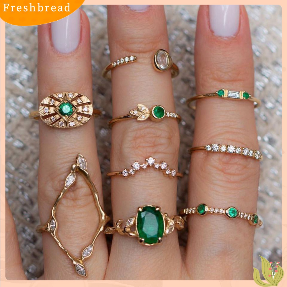 [TERLARIS]9Pcs/Set Lady Hollow Rhombic Oval Rhinestone Opening Stacking Knuckle Midi Ring