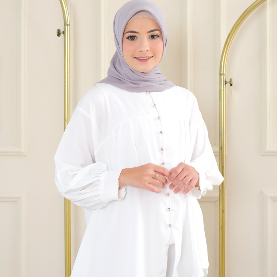 kemeja atasan wanita jumbo xxxl hem tebal import P3O1 lengan panjang Blouse putih  raya korea big si