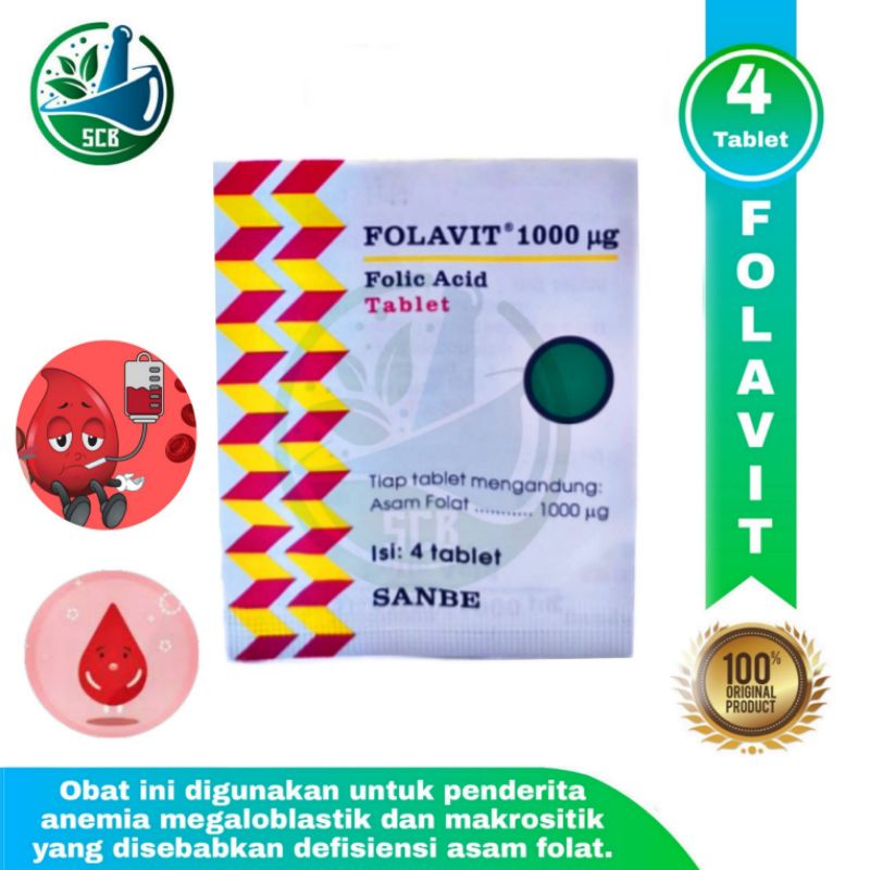Folavit 1000mg Tablet isi 4 tablet - Obat untuk anemia & makrositik