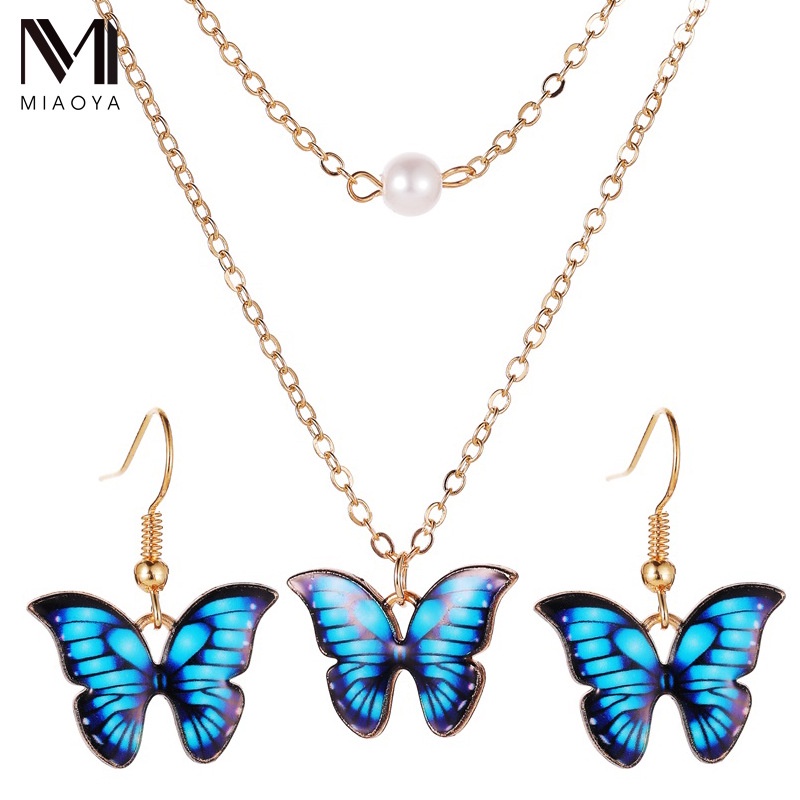 Butterfly Set Kalung Bentuk Kupu-Kupu | Anting Bentuk Kupu-Kupu Warna-Warni Aksen Mutiara Untuk Wanita Butterfly | Aksesoris Rambut Untuk Wanita