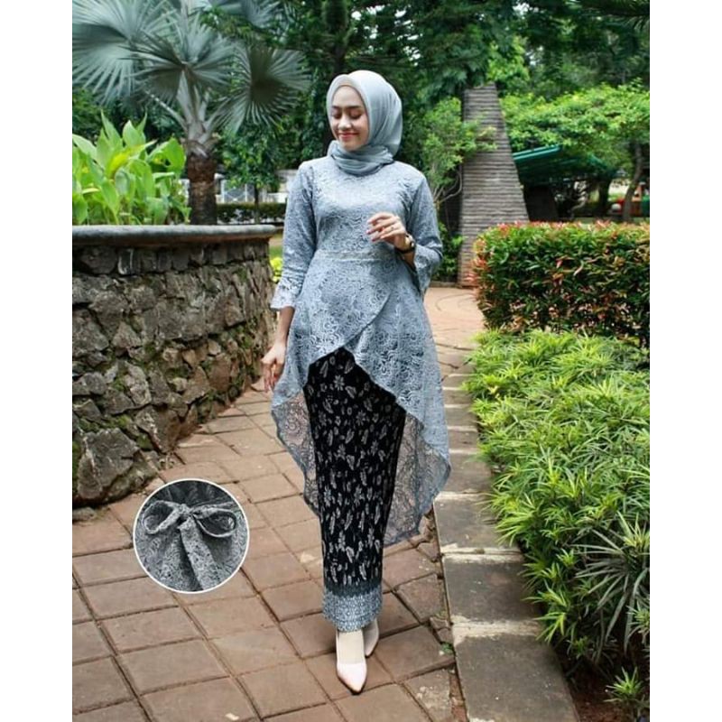 IndahKebaya | SET KEBAYA BROKAT TIARA / TUNIK BROKAT MUSLIMAH KEKINIAN / ROK PLISKET BATIK JUMBO
