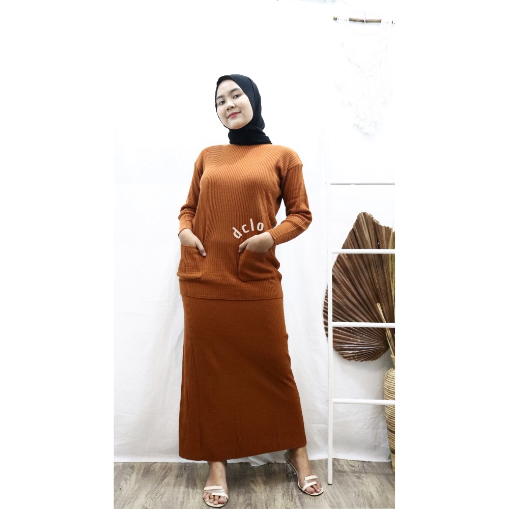 Pocky One Set + Rok 2 In 1 Setelan Rajut Wanita Muslim Atasan Boxy Terbaru / Rajut Premium Fit to XL