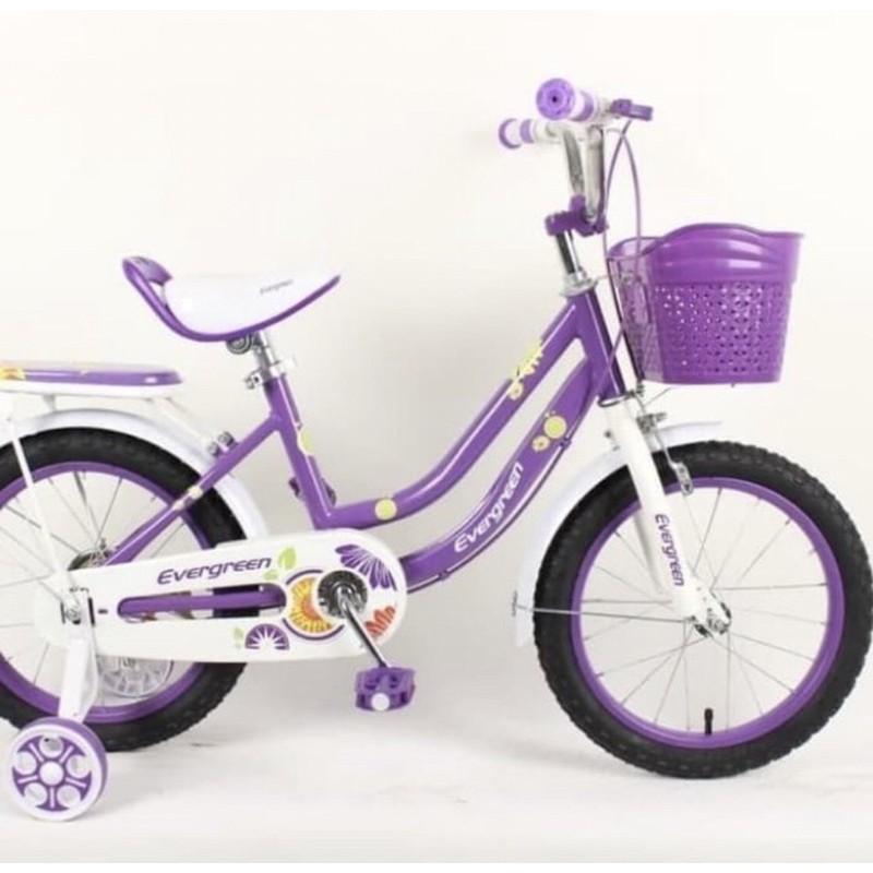 Khusus Gojek Instan Sepeda Anak Perempuan  cewek wanita Evergreen Daisy 12 16 18 inch Ungu Pink termurah  SNI Penguin COD kredit cewek BMX mini Ban hidup pompa karet bukan plastik eva terbaik gratis service seumur hidup keranjang boncengan ungu pink SNi-2