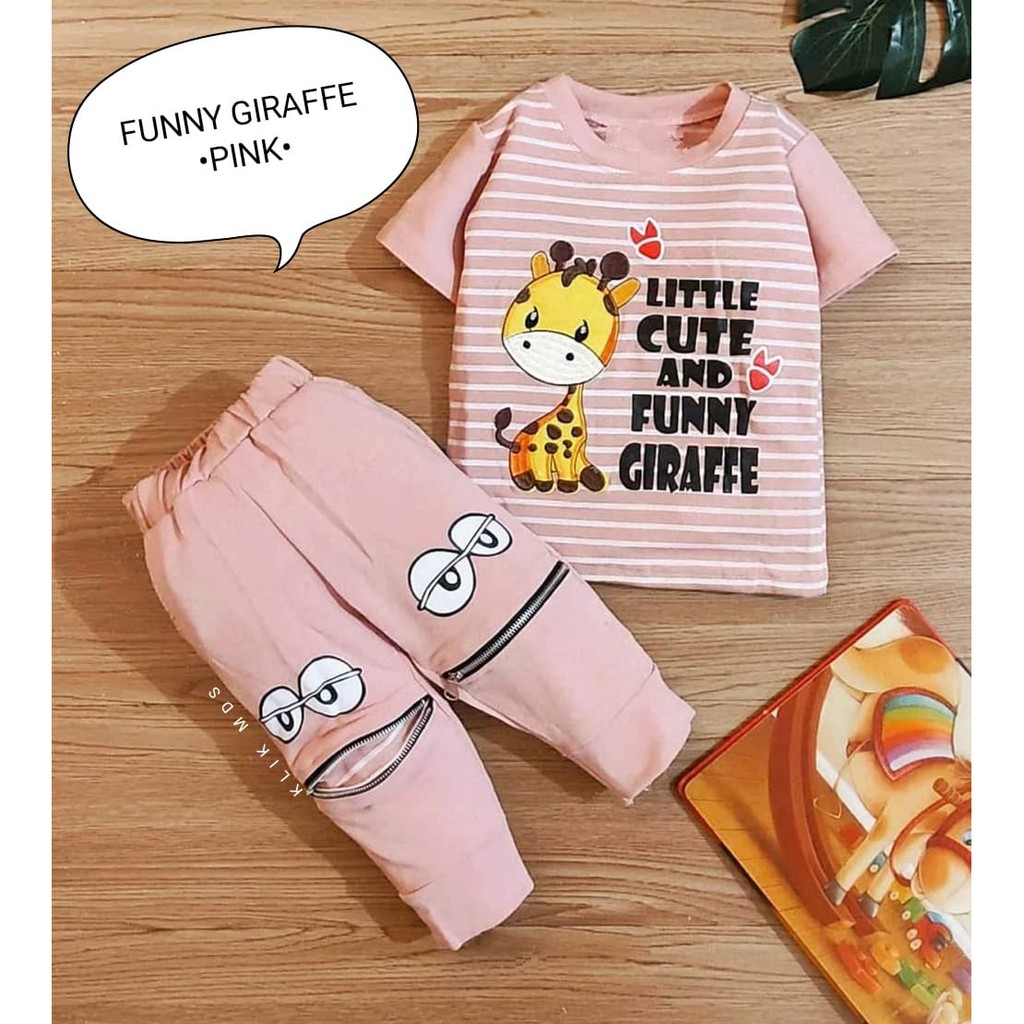 Setelan Baju Anak Bayi Perempuan Usia 0-2 Tahun Atasan Dan Celana Motif Funny Giraffe