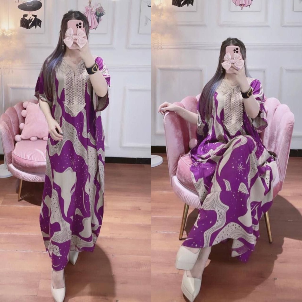 Kaftan Wanita Arabian Diamond Renda Jumbo XXXL Rayon Premium Kaftan Busui Resleting Lengan Pendek Motif Polos / Gamis Rayon Kaftan