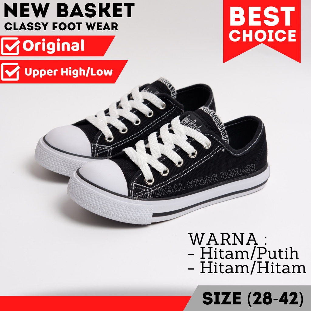 Sepatu Sekolah Anak Perempuan Laki Tali Resleting Warior NB New Basket NB 338 LC TG Hitam Putih, Hitam Full Paud TK Sd