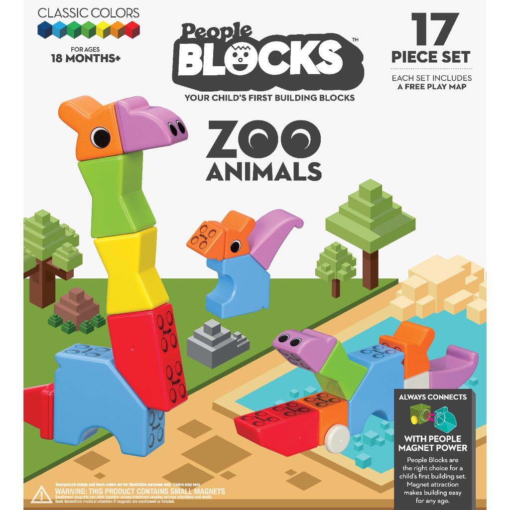 PEOPLE BLOCKS ZOO ANIMAL 17 PIECE