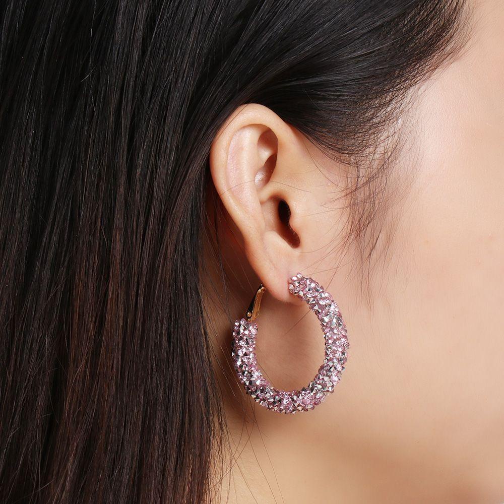 Lily Hoop Earring Charm Glitter Geometris Bulat Kristal Liontin