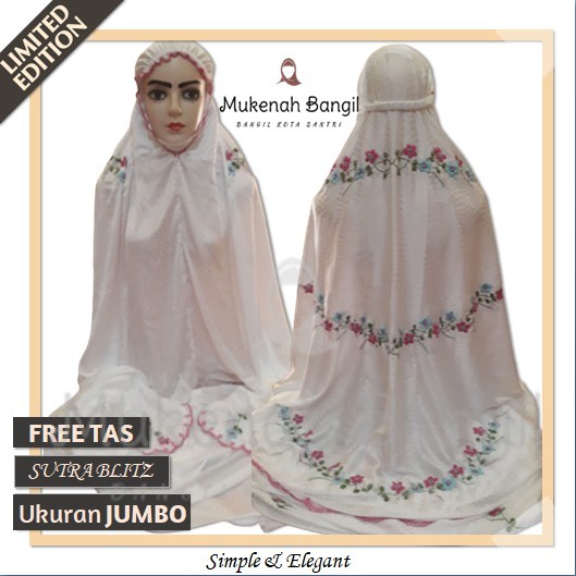 Mukena Mukenah Rukuh Dewasa Travel Jumbo SUTRA BLITZ Putih Premium Terusan Polos Adem Bordir Sulam