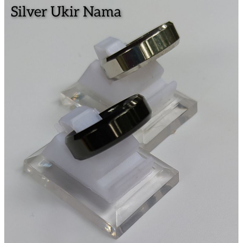 Cincin Titanium Unisex Polos Black Silver Bisa Tulis Nama-Silver+UkirNama
