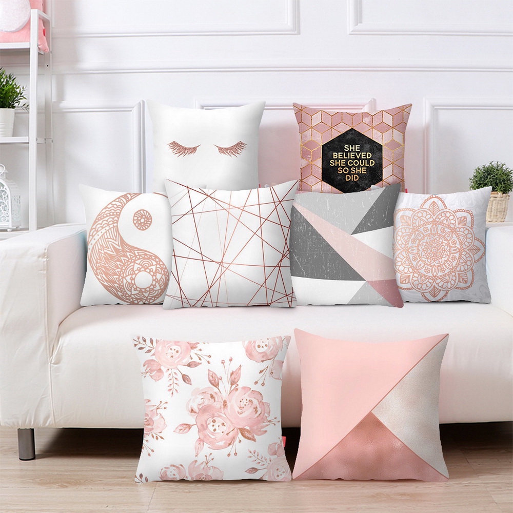 Sarung Bantal Sofa Bahan Linen Motif Print Digital Warna Pink Emas
