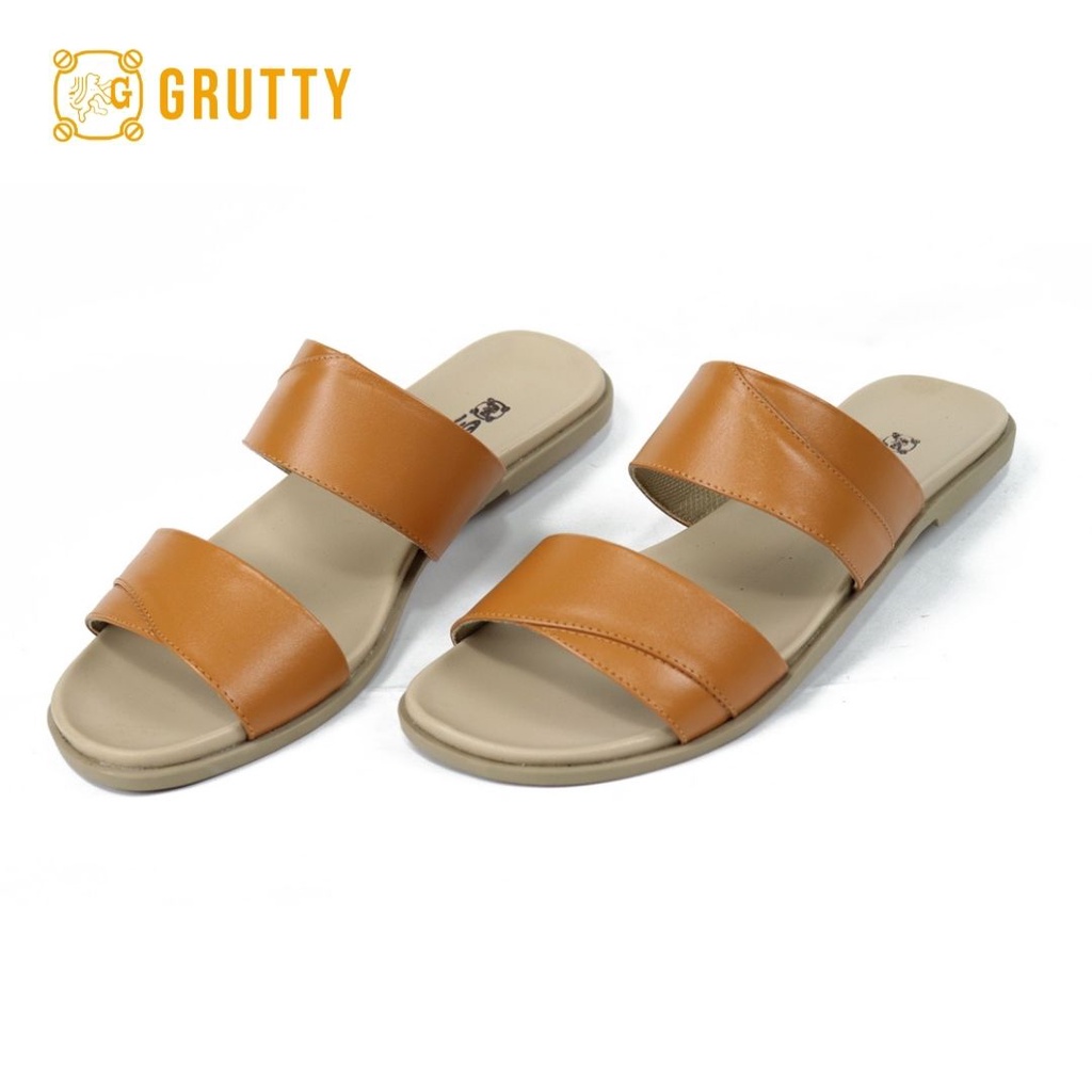 Sandal Wanita Kulit Slide Sandal Flat Grutty DD122 Hitam Tan