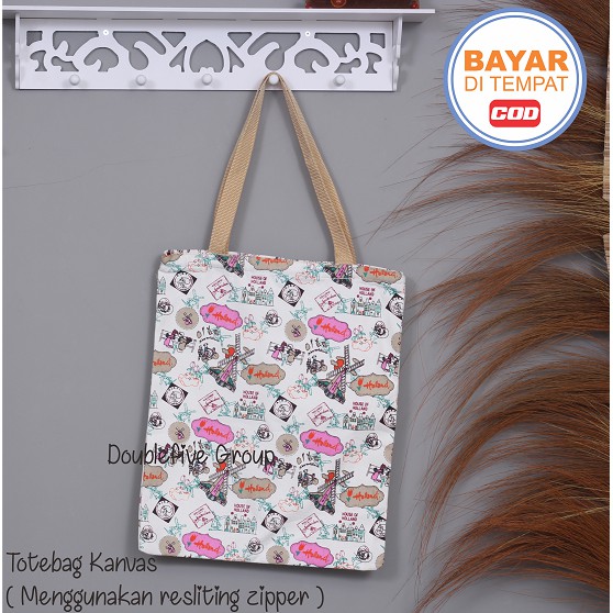 TOTE BAG WANITA TOTE BAG PRIA CANVAS MOTIF GOOD QUALITY WITH RESLETING KODE - 001