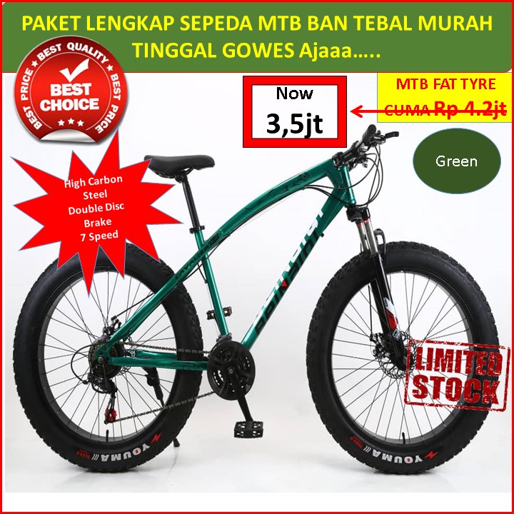 MURAH Paket Lengkap Sepeda MTB BEINAIDI Fat Tyre HIGH CARBON STEEL 7 Speed