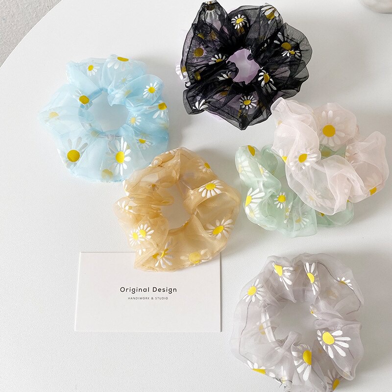 Scrunchie Bahan Sifon Motif Bunga Daisy Premium / Ikat Rambut Sifon Korea / Mesh Scrunchie / Tiki