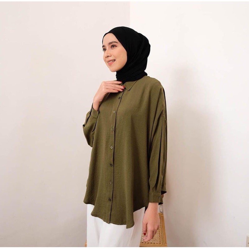 KEMEJA BASIC KONINA BAHAN RAYON | KEMEJA BLOUSE WANITA BAHAN ADEM FULL KANCING-Army Konina