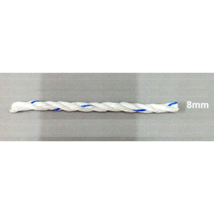 

( READY ) Tali Tambang 8mm Putih Strip Biru / Rol ( Harga Per Rol ) 1221