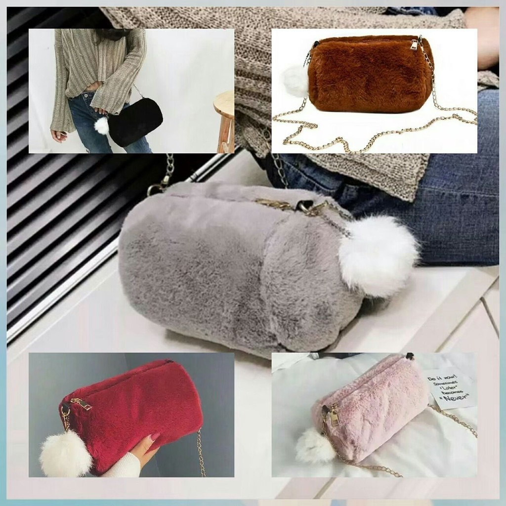 TAS SELEMPANG BULU LEMBUT SPIDI TABUNG GANTUNGAN POM-POM SLING BAG IMPORT TERMUAH BISA COD