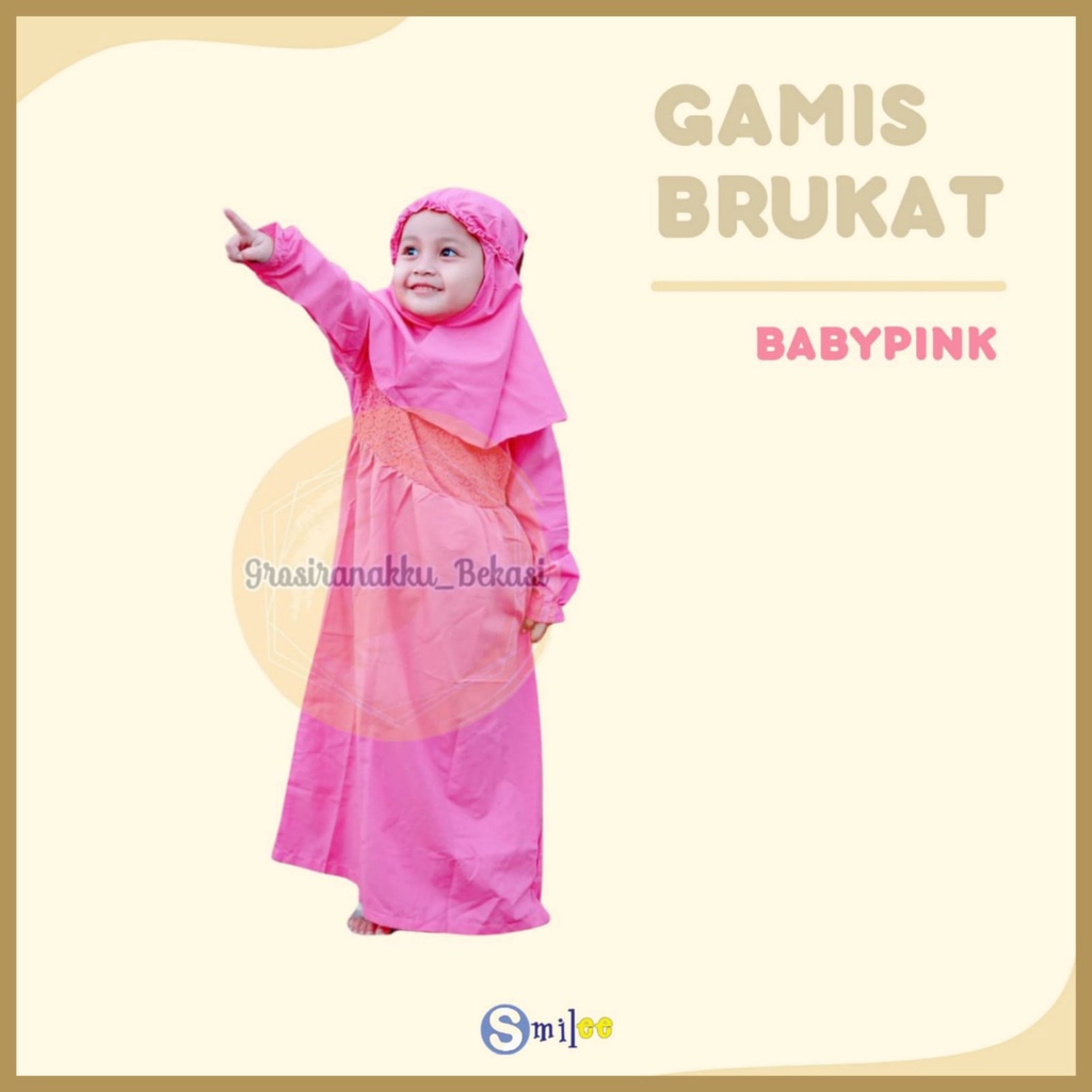 Gamis Kerudung Anak Aplikasi Brukat Baby pink Size 1-6Tahun