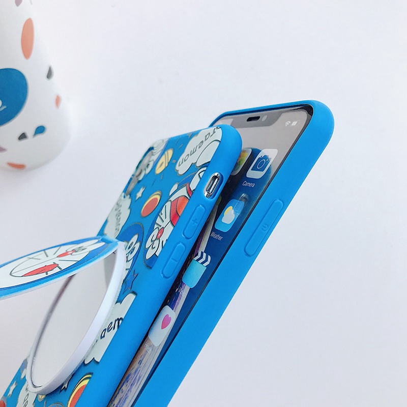 Doraemon Mirror Case OPPO A91 F15 A31 A5 A9 A53 A33 2020 A3S Realme C1 A7 A5S A12 A1K A37 A57 A39 F5 Youth F1S A71 F11 F9 Pro Reno 3 Realme 5 5S 5i C3 7 Narzo 20 Pro C17 7i C11 Casing Mirror Holder iPhone X XS XR XS Max 12 Pro