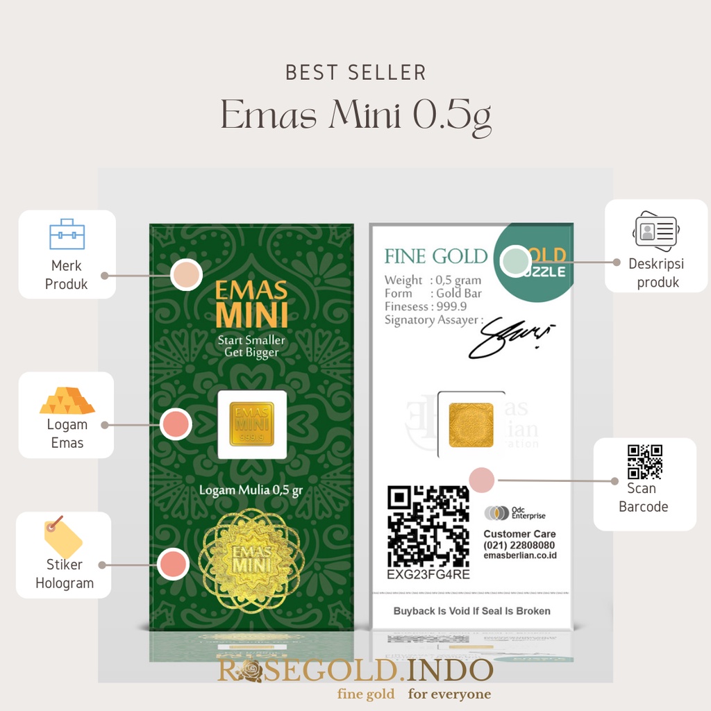 Logam Mulia Emas Mini 0.5g asli 24 karat untuk hadiah, kado, souvenir, mahar, seserahan