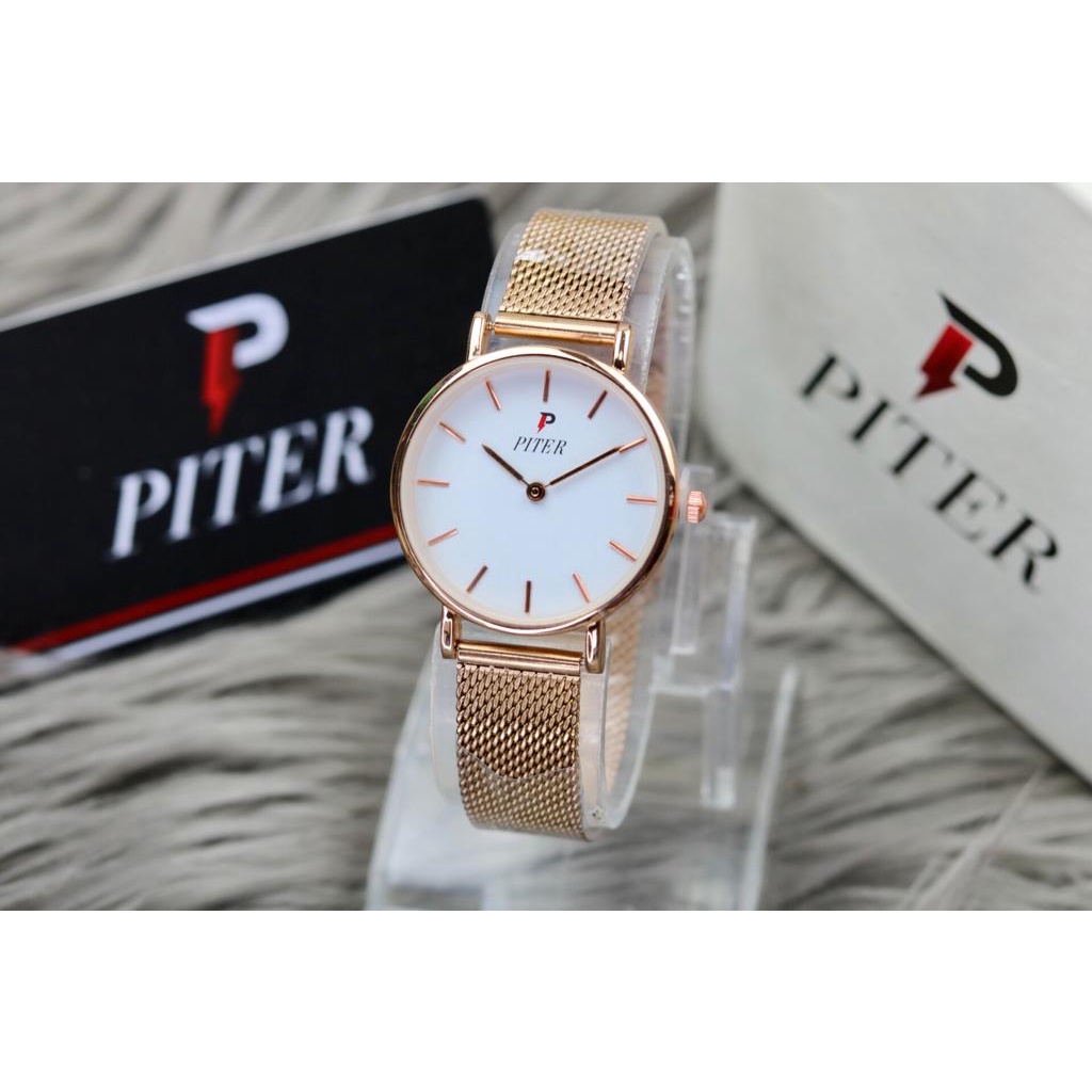 COD JAM TANGAN WANITA FASHION PITER ORIGINAL RANTAI PASIR + KARTU GARANSI DIAMETER 32mm VIN12