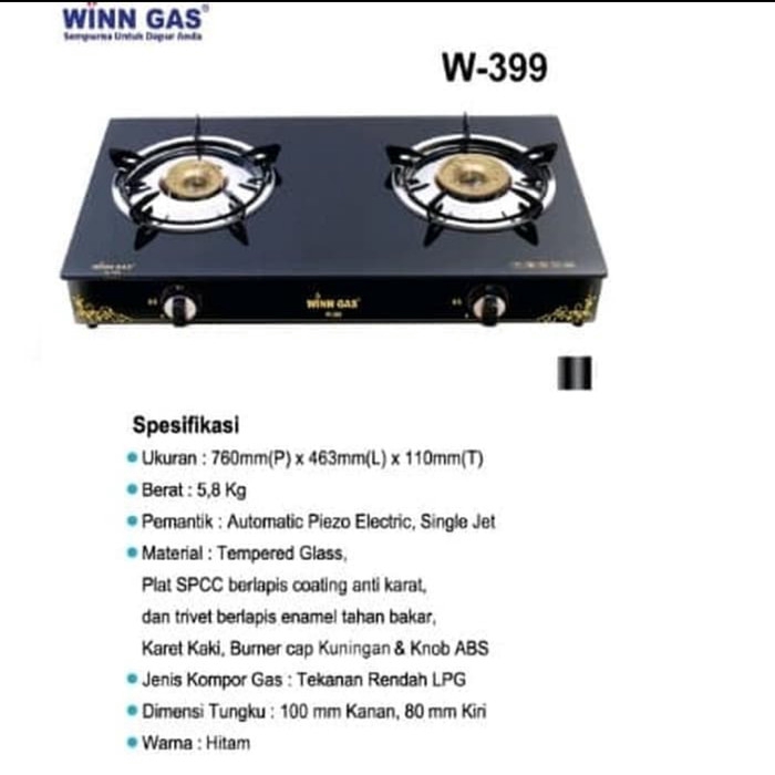 Kompor Gas Kaca 2 Tungku Winn Gas W-399 &amp; Paket Kompor Selang Regulator W88/W900