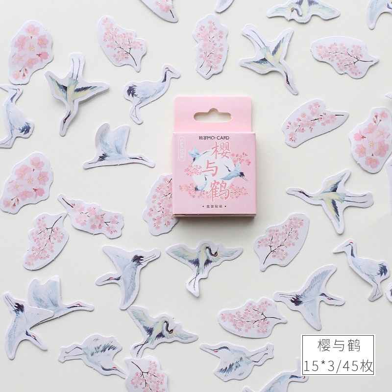 

45 Pcs Deco Sticker Box Pink Sakura Bird Planner DIY Scrapbook Stiker Dekor Kotak Colorfull