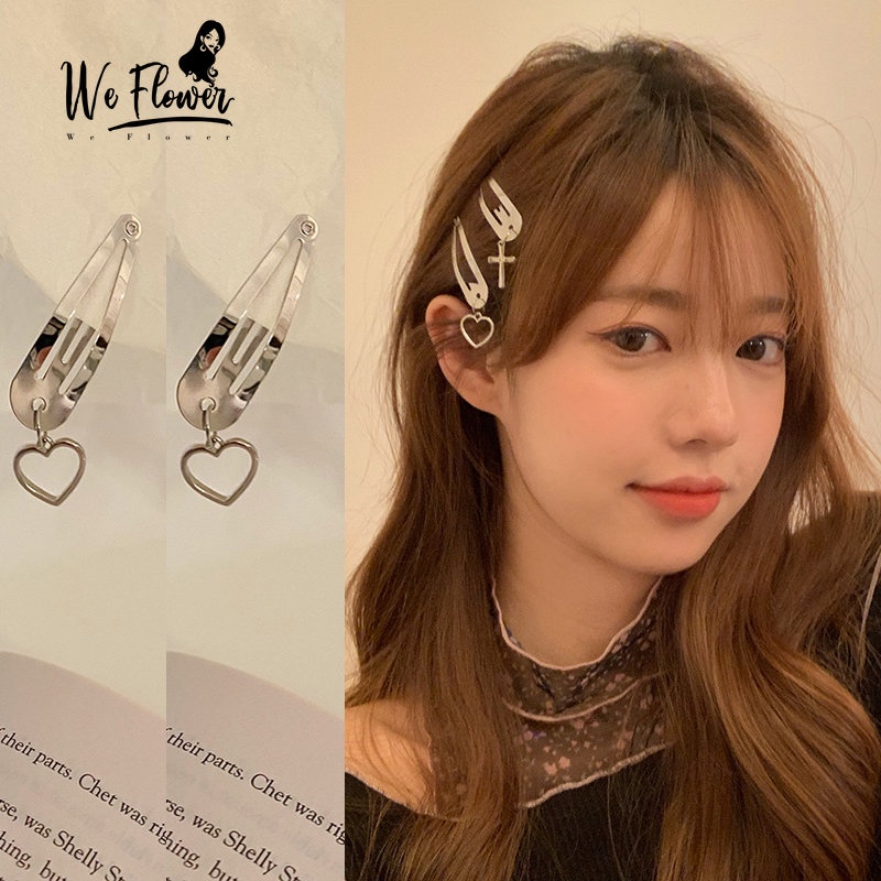 We Flower 2PCs Jepit Rambut Bentuk Hati Hollow Bahan Metal Warna Silver Untuk Anak Perempuan