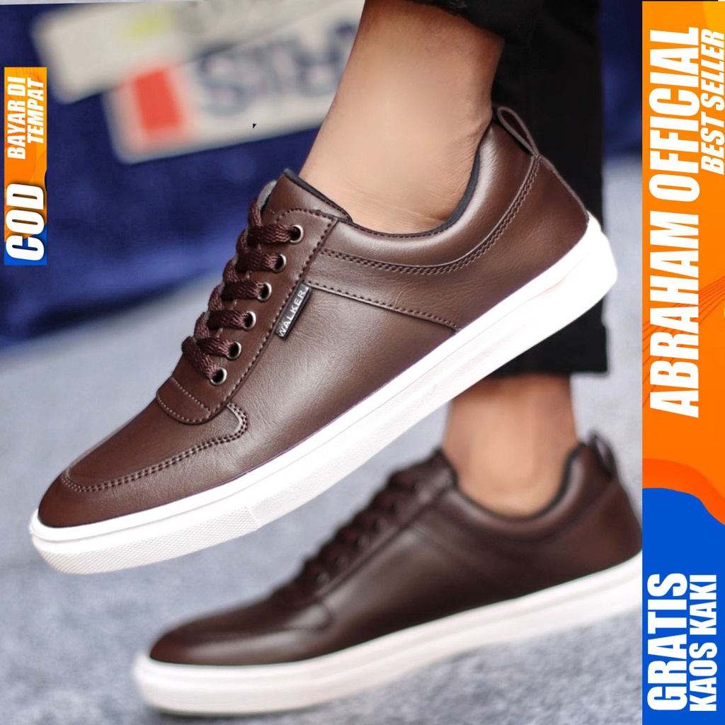 Sepatu Kasual Pria Sneakers Casual Kulit Pu Kerja Polos Hitam Coklat TIAGO ABRAHAM