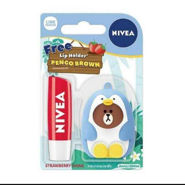 Nivea Lip Care Strawberry Shine x Line Friends Jungle Brown free lip holder lip balm pengo brown