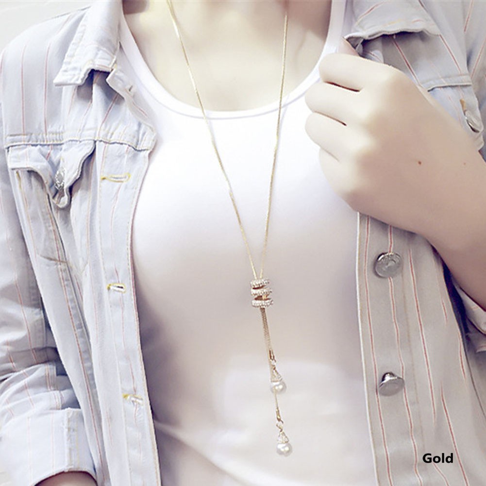 Simulated Pearl Crystal Long Sweater Chain Circles Necklace Collares Statement