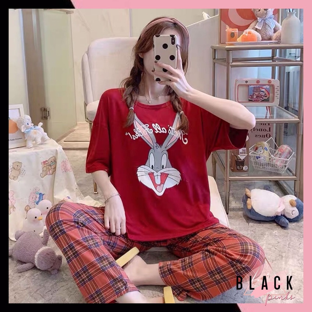 Blackpink Set Piyama Wanita Setelan Baju Tidur Lengan Pendek Import Motif Kartun 4006