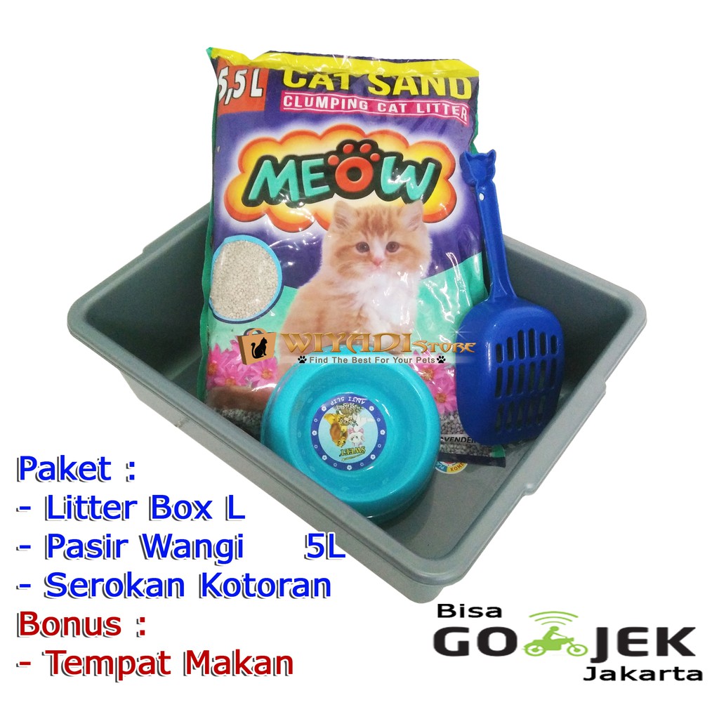 Super Paket Tempat PUP BAK Kotoran Kucing (Litter Box L, Skop dan Pasir Gumpal Wangi 5,5L)