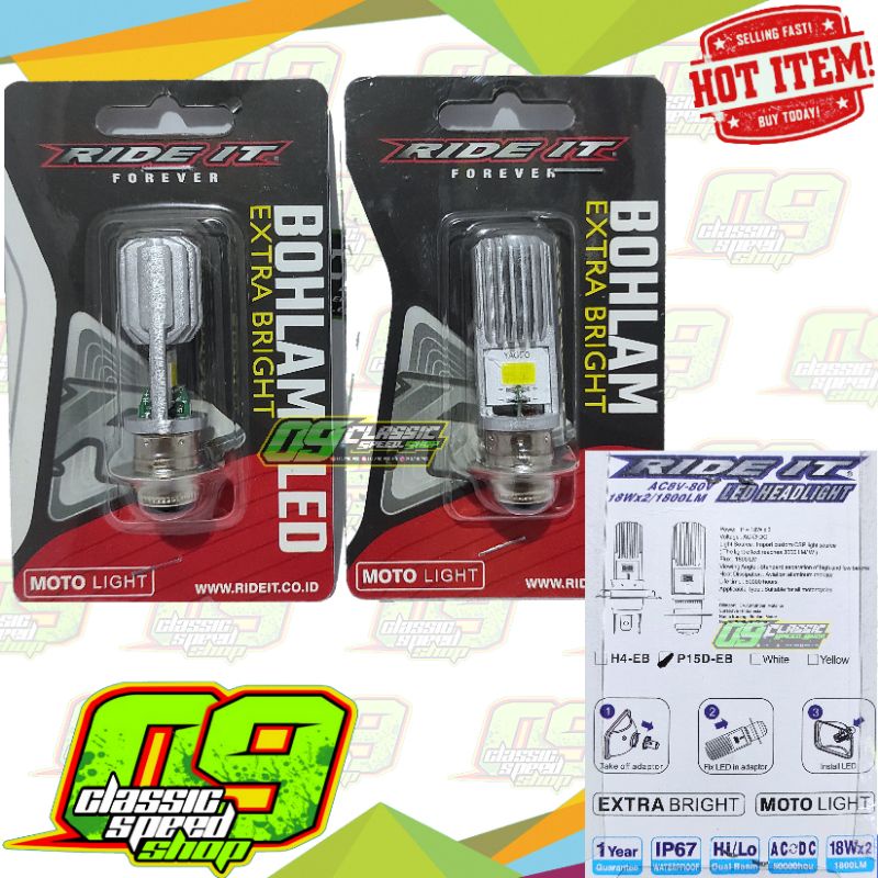 Lampu bohlam dop Led depan H6 Ride iT osram all matic bebek tiger megapro std Putih dan kuning teran