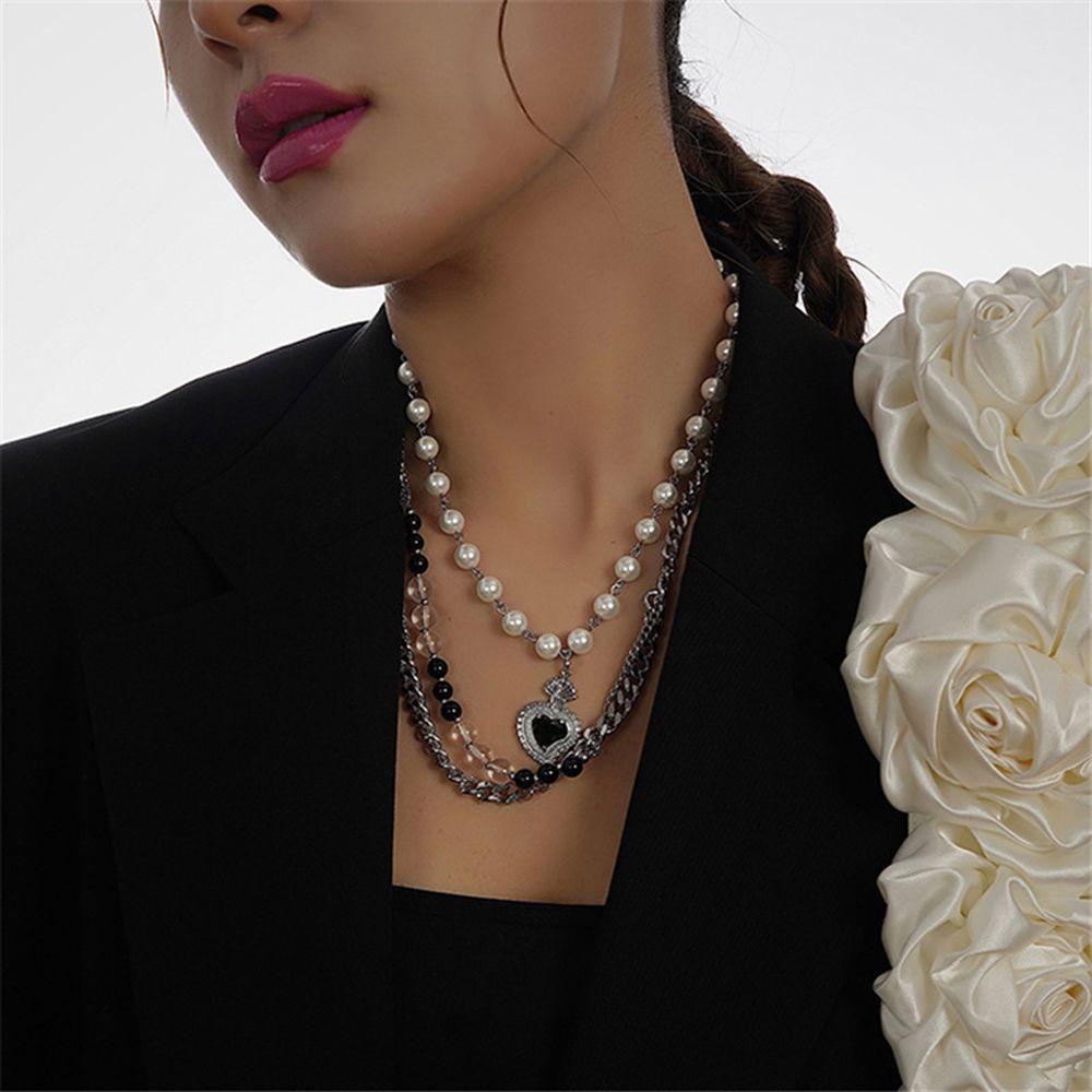 Needway Wanita Kalung Punk Fashion Perhiasan Mutiara Manik Lapisan Ganda Liontin Hati Hitam