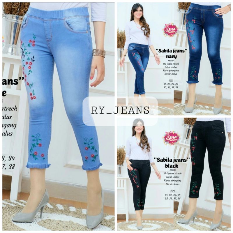 Celana jeans wanita jegging pinggang kolor melar jeans rawis bordir