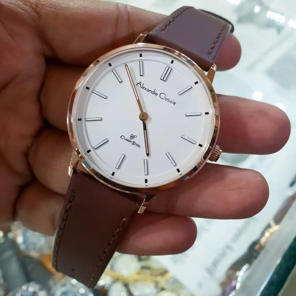 Alexandre christie original ac8492 Tali kulit coklat rosegold jamtangan pria