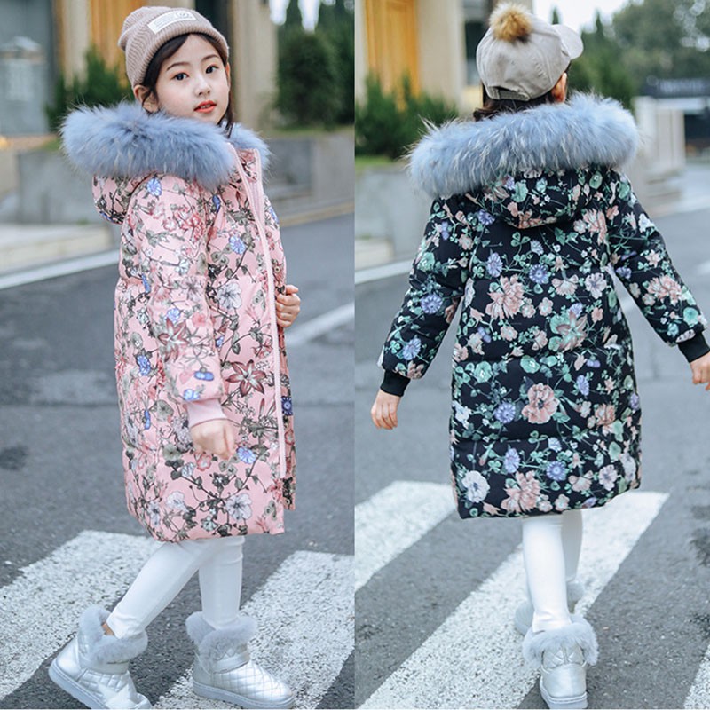 Coat Kids Girls Clothing Floral Print White Duck Down Winter Jacket Warm Fur Hooded Coats Shopee Indonesia