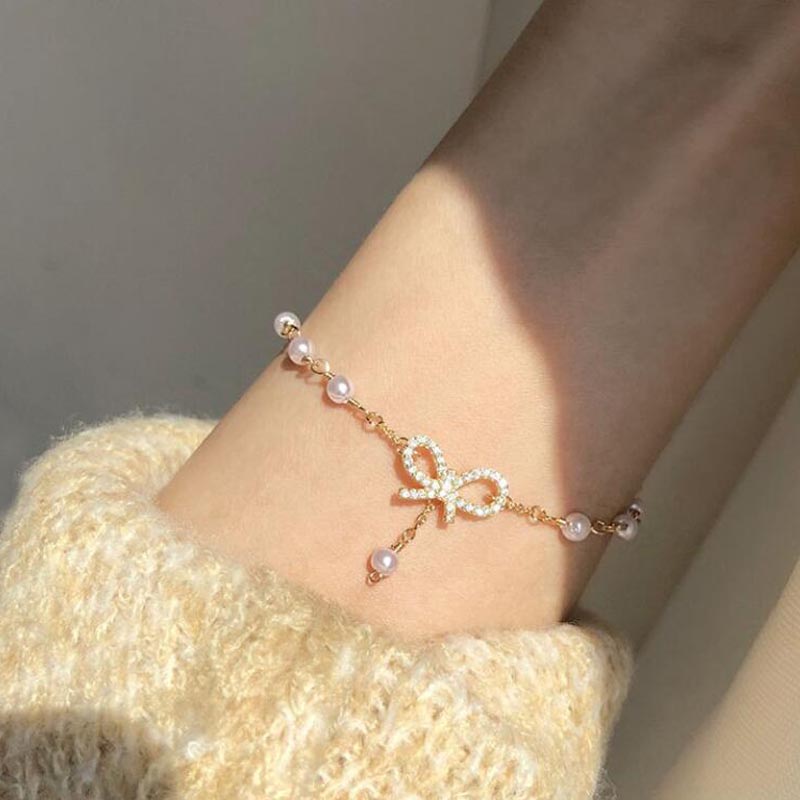 Gelang Bangle Mutiara Aksen Pita Gaya Korea Untuk Wanita