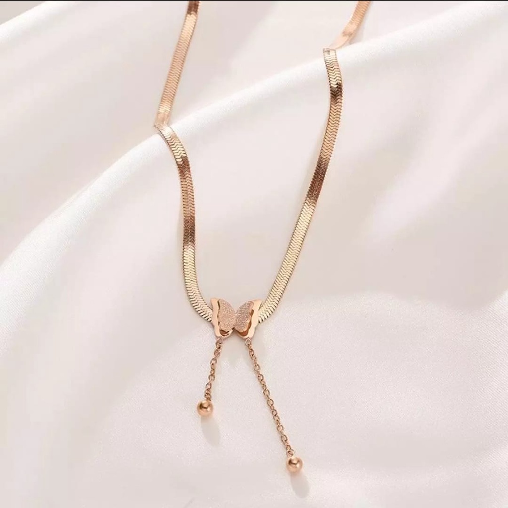 KALUNG WANITA TITANIUM GEPENG KUPU KUPU FASHION KOREA