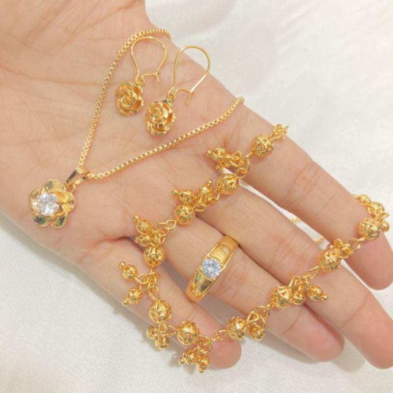 Set Perhiasan Lapis Emas Anting Kalung Gelang Cincin Asesoris Wanita Style Korea Premium Jewelry 17K