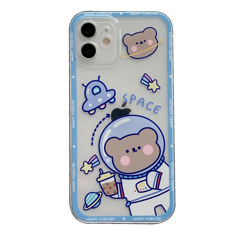 IPHONE Kartun Lucu Milk Tea Space Bear Transparan Phone Case Cover Untuk Iphone6 6s 78 PLUS X XR XS 11 12 13 PRO MAX SE 2020