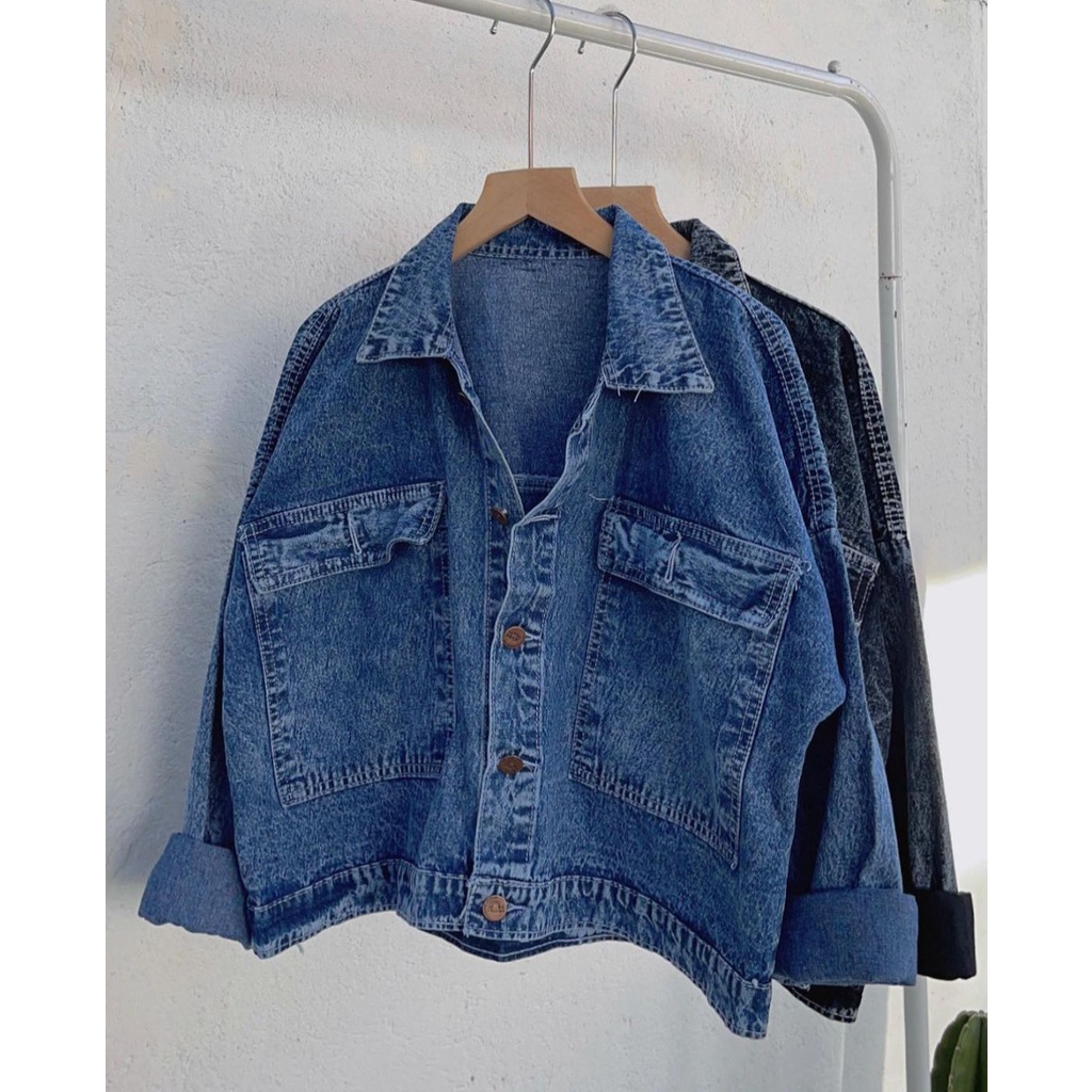 Jaket Jeans Oversize LD 110 - 150 // Jaket Jumbo Saku Wanita Sandwash Denim Premium-DORIO BIRU LD120