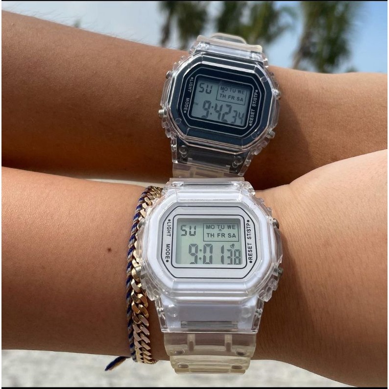 [BISA COD✓] Jam Tangan Couple Wanita Pria Digital Transparan Square Dial Couples Watch Import Fashion Korea Style Sport Strap Rubber Led Digital Terlaris