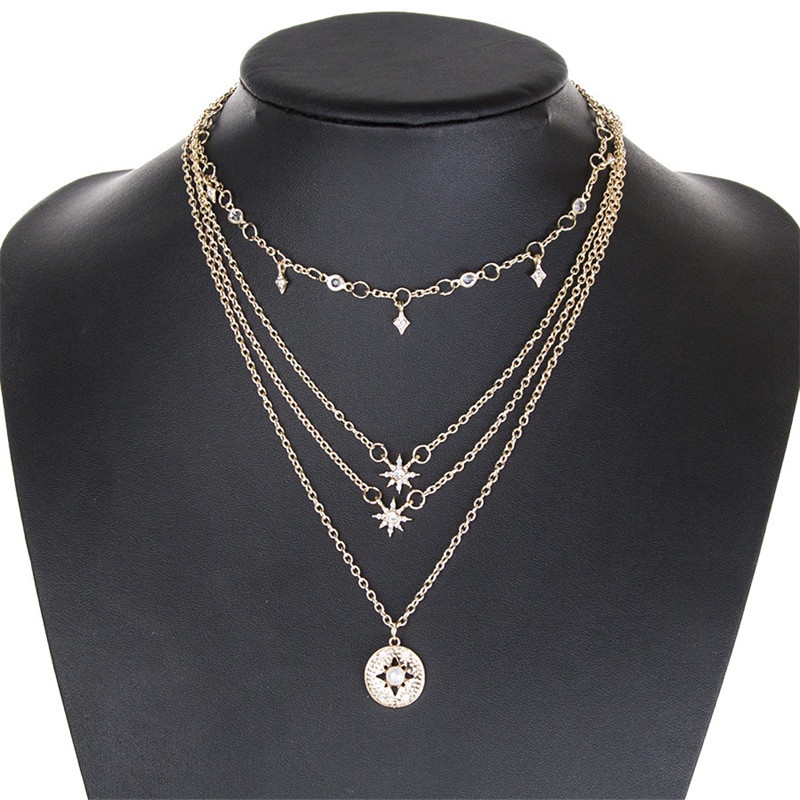 Set Kalung Multilayer Bahan Alloy Dengan Liontin Bintang Aksen Berlian Untuk Wanita